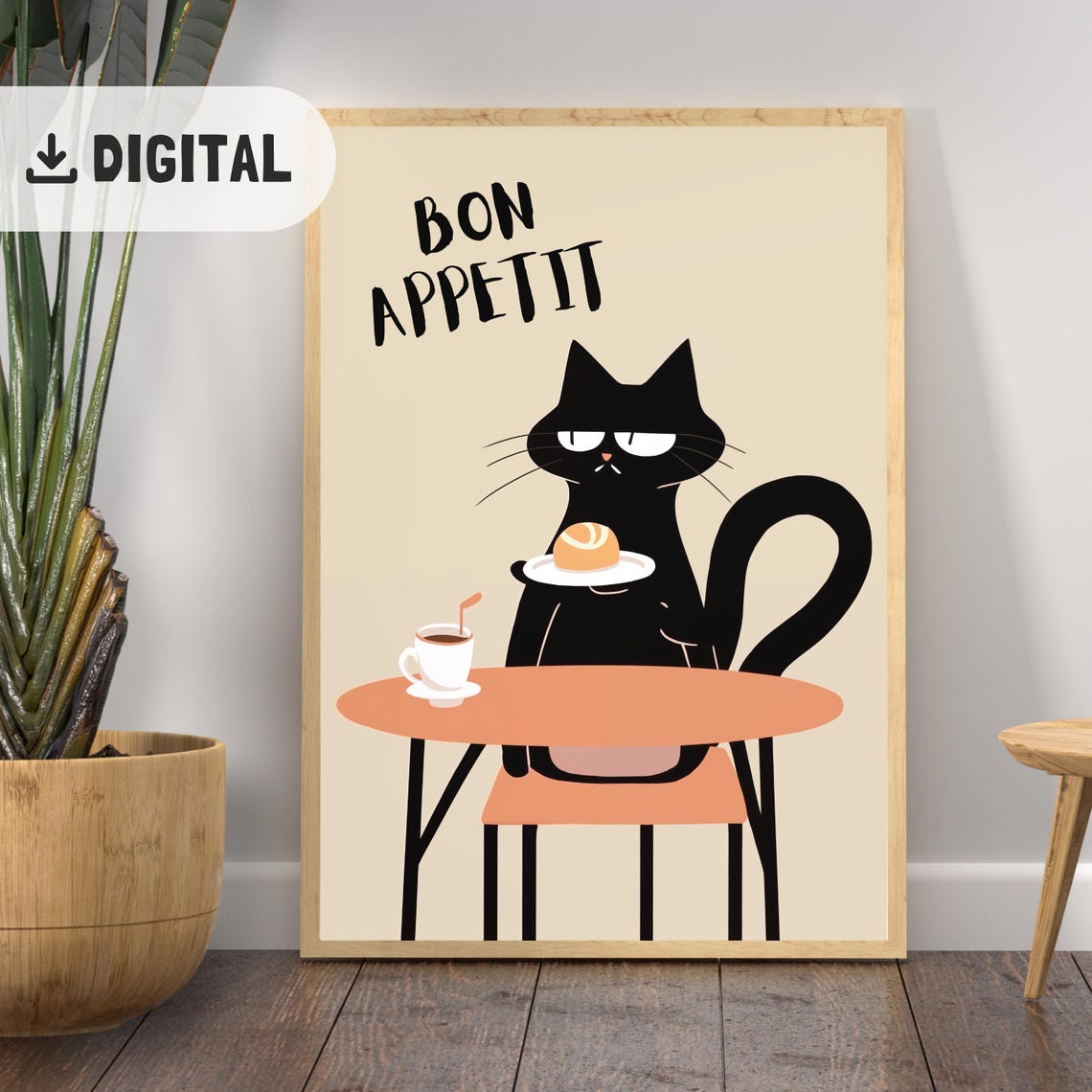 Bon Appetit Black Cat Cafe Croissant French Kitchen Poster Gift
