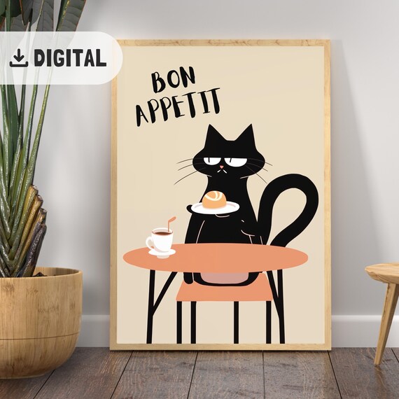 Bon Appetit Black Cat Cafe Croissant French Kitchen Poster Gift
