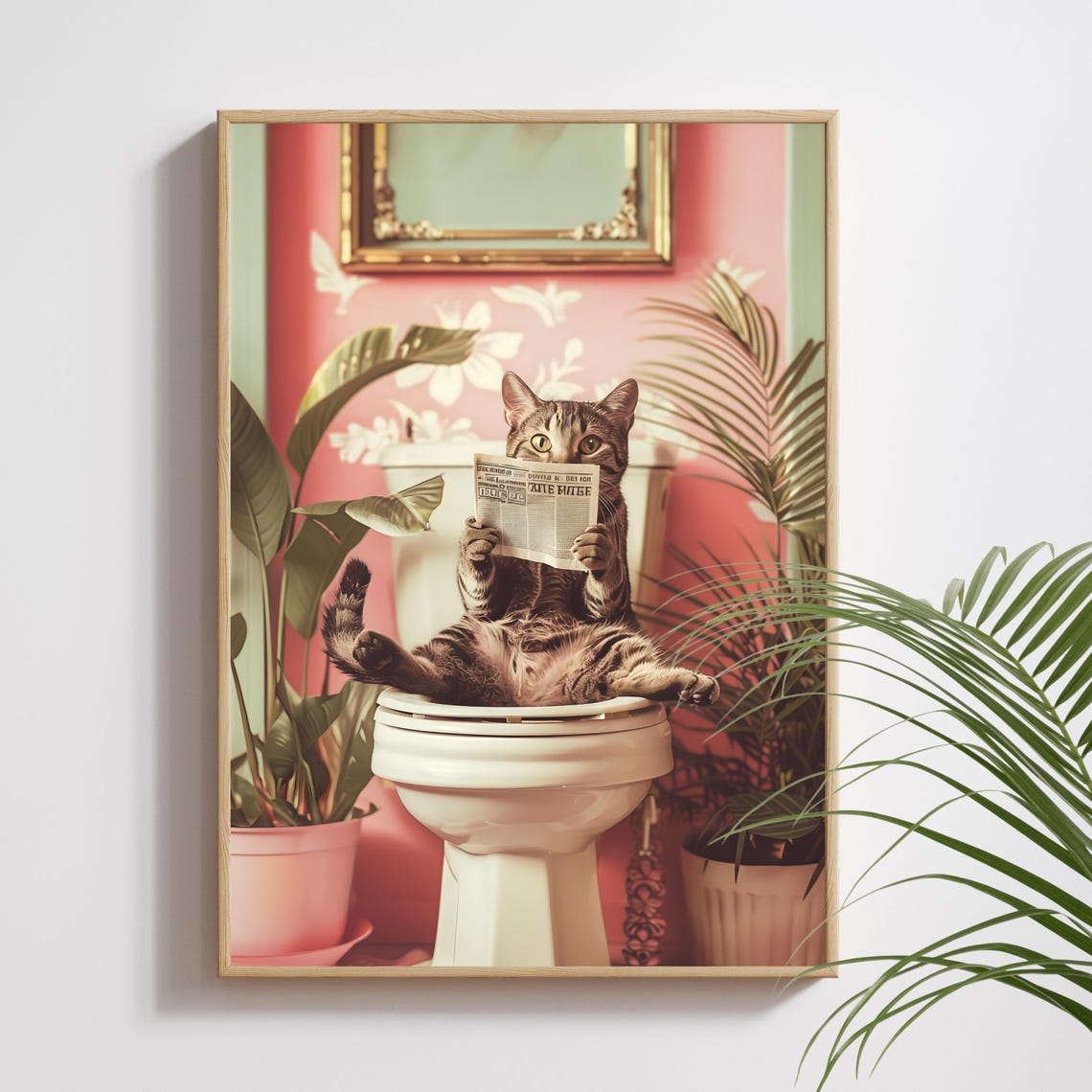 Tabby Cat Reading Newspaper On Toilet Pink Floral Bathroom Poster