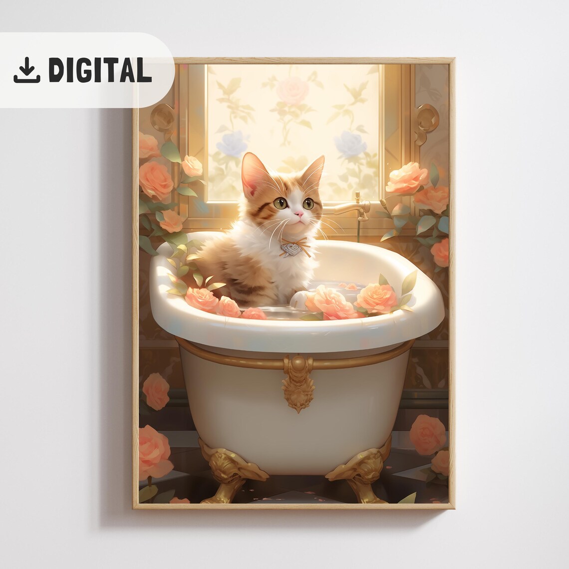 White Cat with Bow Tie Bathing in Clawfoot Tub with Rose Petals Poster