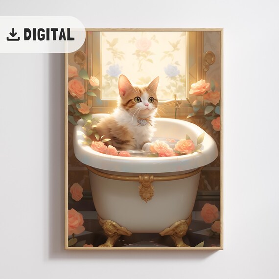 White Cat with Bow Tie Bathing in Clawfoot Tub with Rose Petals Poster