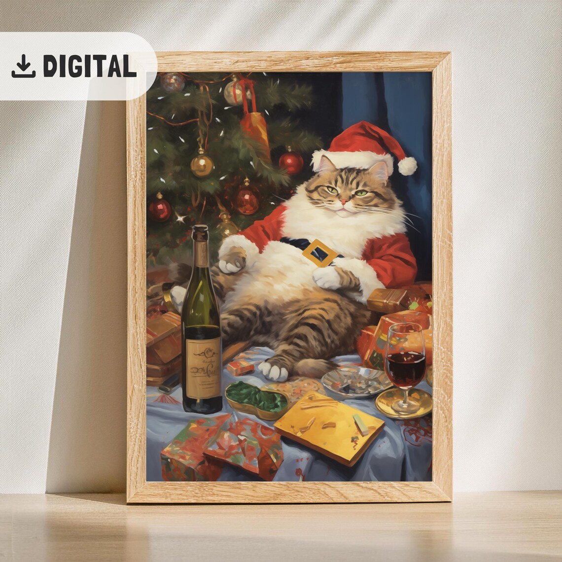 Chubby Tabby Cat Santa Suit Wine Christmas Feast Poster Gift - Image 2