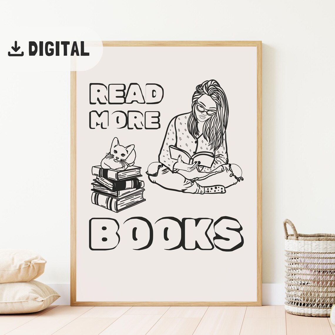 Read More Books Cozy Line Art Girl Reading With Her Cat Poster
