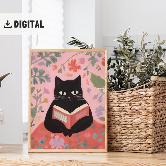 Black Cat Reading Book Pink Floral Background Cute Book Lover Cat Wall Art