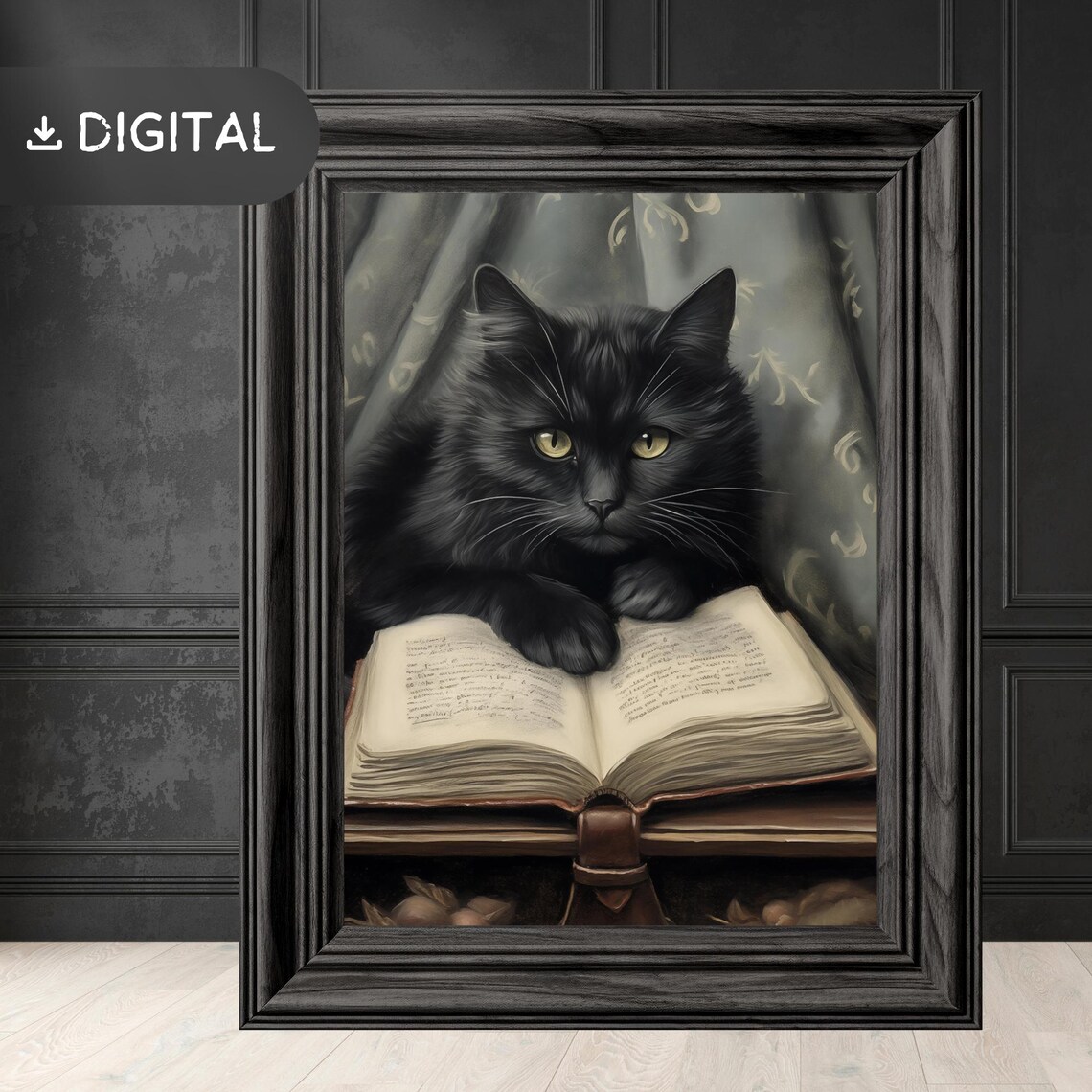 Black Cat Lying on Open Book Dark Vintage Library Goth Cat Lover Wall Art
