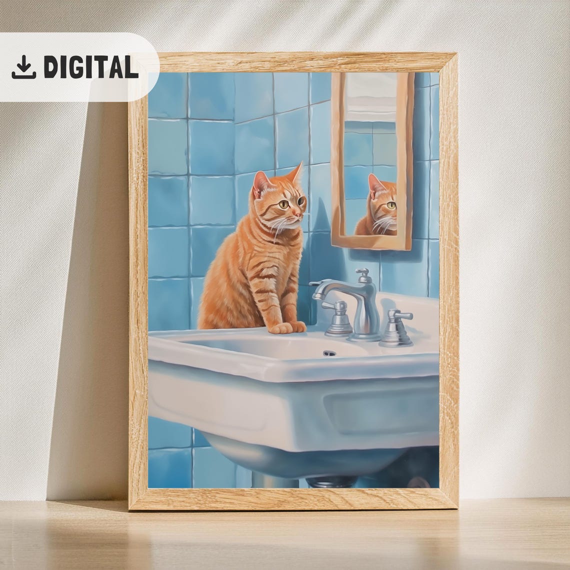 Orange Tabby Cat On Sink With Mirror Reflection Blue Tile Poster - Image 2