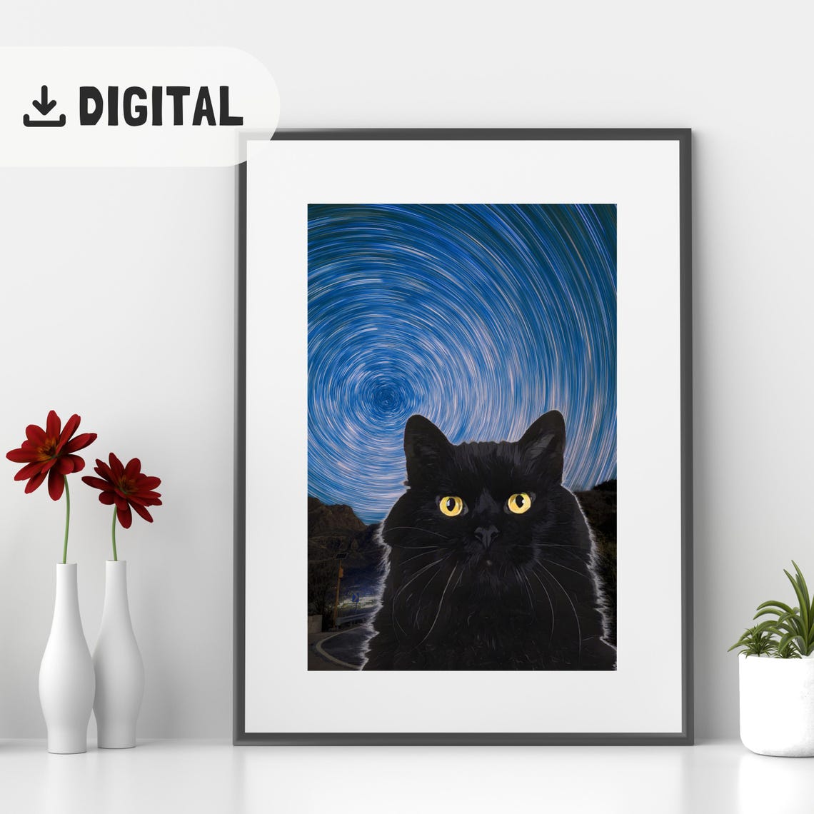 Black Cat with Yellow Eyes Under Starry Night Sky Trail Poster - Image 2