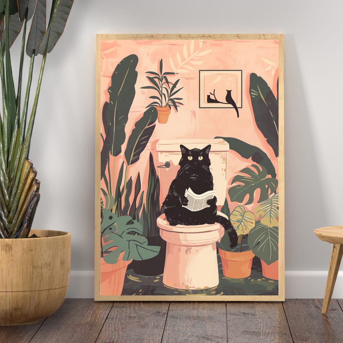 Black Cat Reading Newspaper on Toilet Botanical Bathroom Poster - Image 2