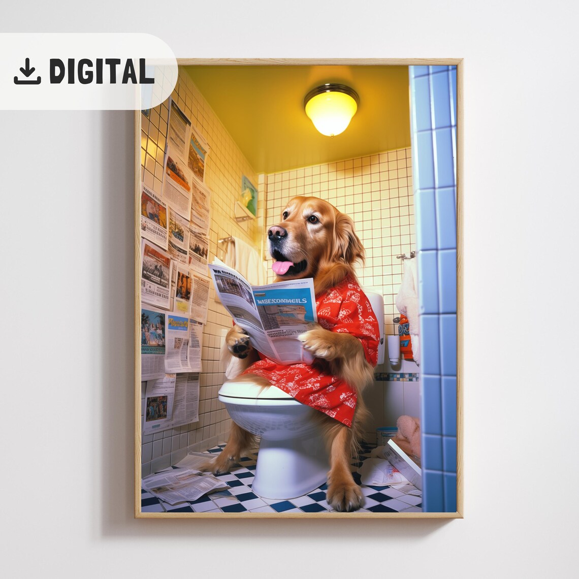 Golden Retriever in Red Shirt Reading Newspaper on Toilet Poster