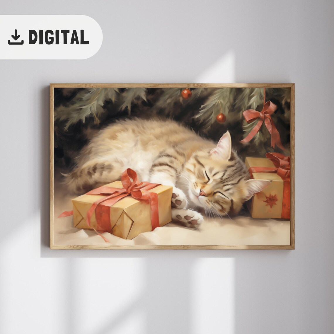 Sleeping Tabby Cat Among Christmas Gifts Under Holiday Tree Poster - Image 2
