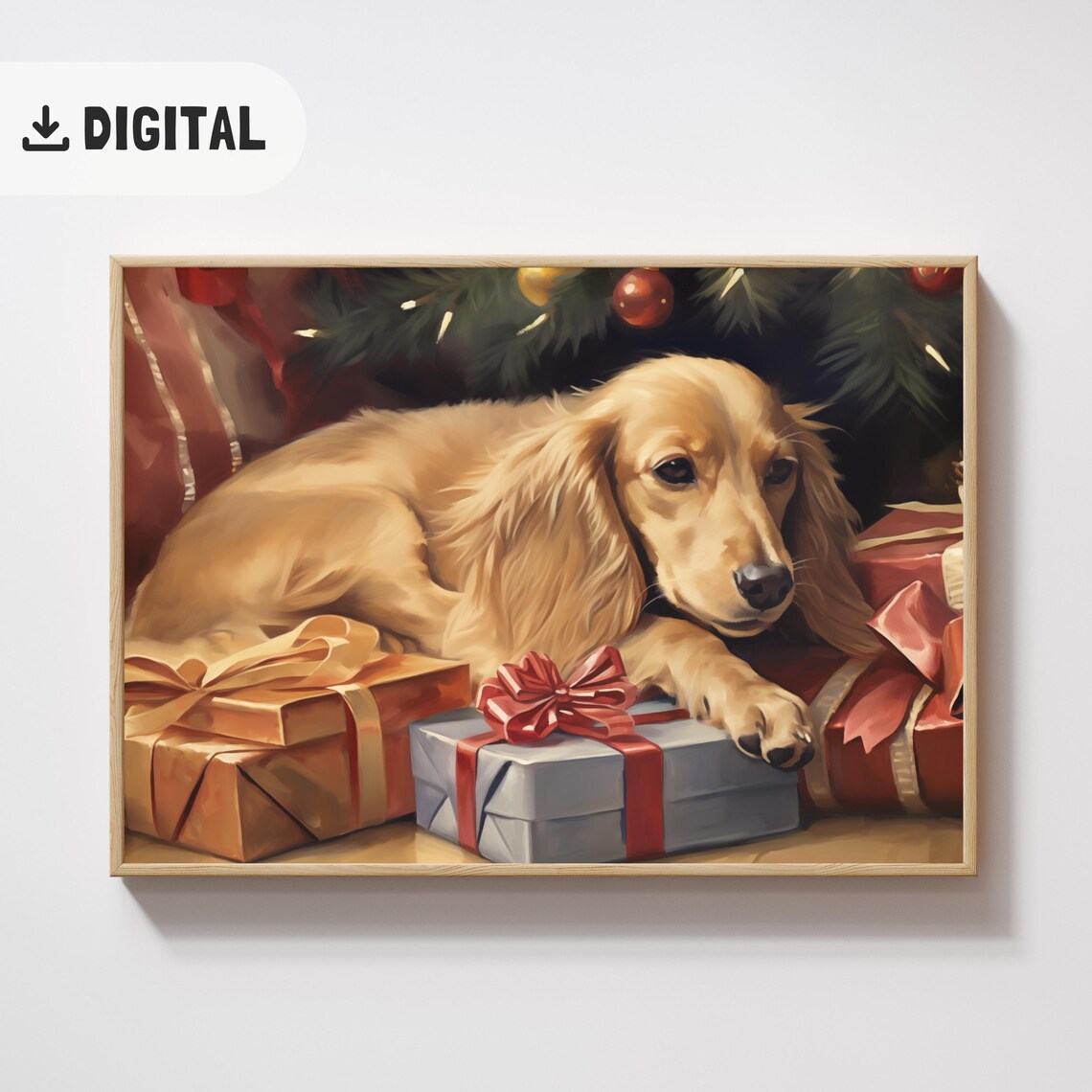 Long Haired Dachshund Puppy Among Christmas Gifts Holiday Poster