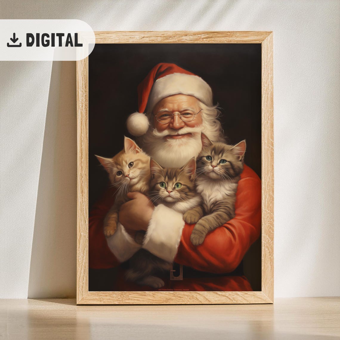 Santa Claus Holding Three Kittens Ornate Gold Christmas Poster - Image 2