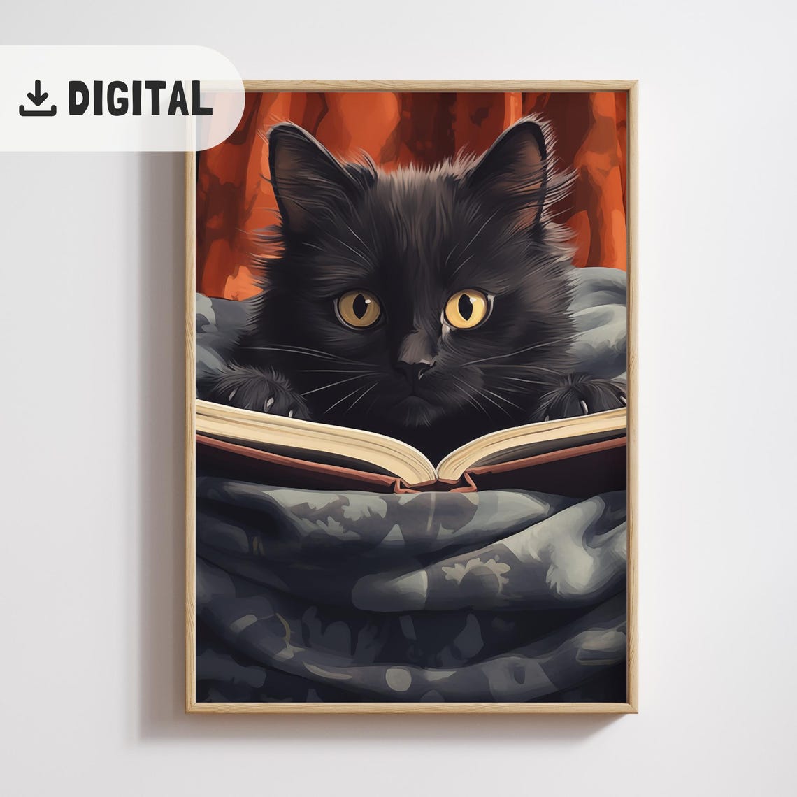 Fluffy Black Cat Peeking Over Open Book Painterly Reading Poster
