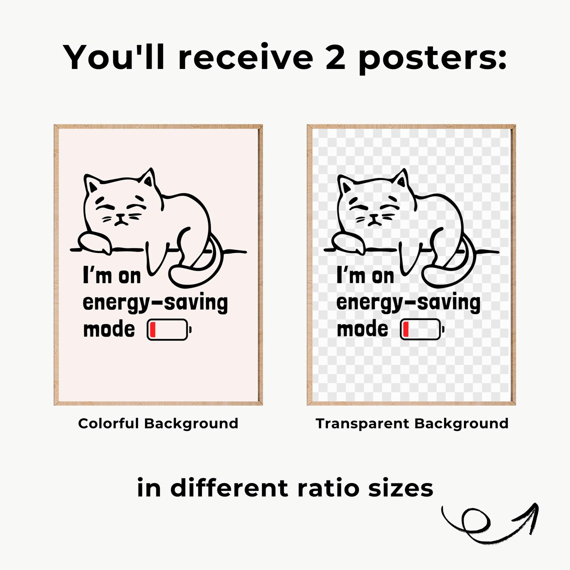 Funny Lazy Cat Energy Saving Mode Battery Quote Line Art Poster - Image 2
