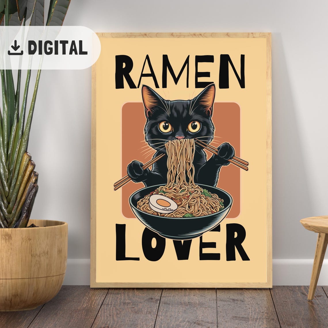 Cute Ramen Lover Black Cat With Chopsticks Noodle Bowl Poster - Image 2