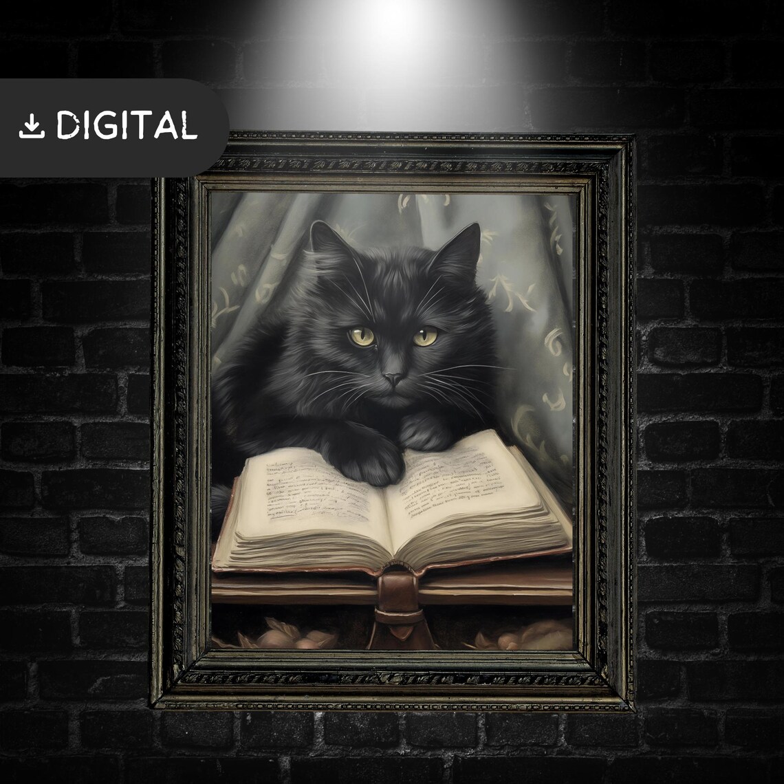 Black Cat Lying on Open Book Dark Vintage Library Goth Cat Lover Wall Art - Image 3