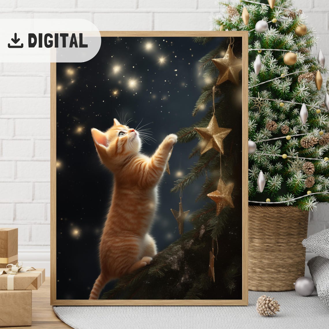 Orange Kitten Reaching For Gold Star Christmas Tree Night Poster - Image 2