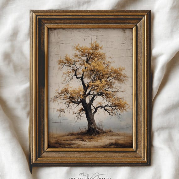 Vintage Style Old Oak Tree Print Rustic Autumn Landscape Wall Art Neutral Nature Home Decor Earthy Fall Painting