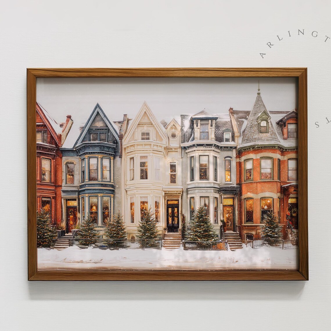 Cozy Christmas Street Victorian Rowhouses Snow Poster Winter Decor Art