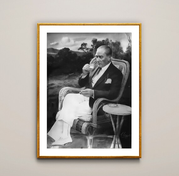 Mustafa Kemal Ataturk Drinking Turkish Coffee Vintage Poster