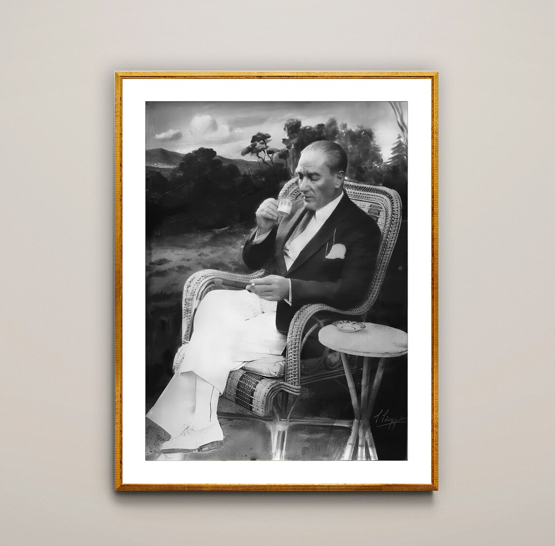 Mustafa Kemal Ataturk Drinking Turkish Coffee Vintage Poster