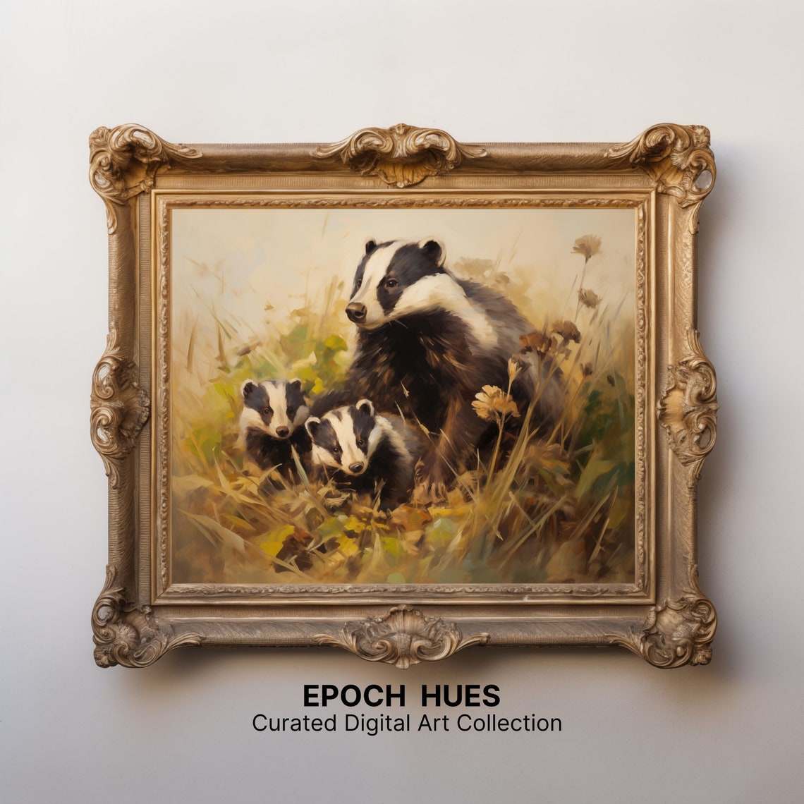 Badger Mother With Two Cubs In Tall Grass Woodland Art Poster - Image 2