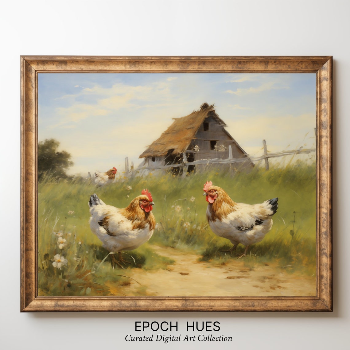 Two Hens Before A Thatched Barn Rustic Countryside Art Print - Image 3