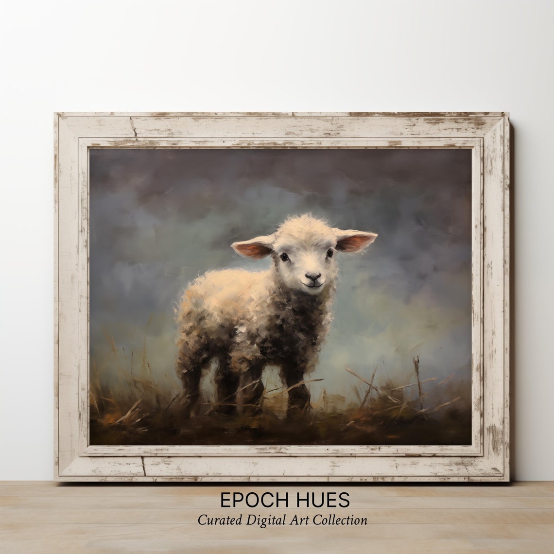 Fluffy White Lamb Standing in Misty Meadow Pastoral Art Poster - Image 3