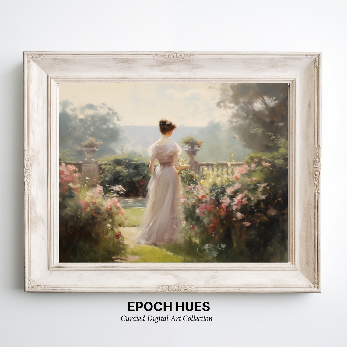 Lady In White Gown Blooming Rose Garden Elegant Painting Poster - Image 3