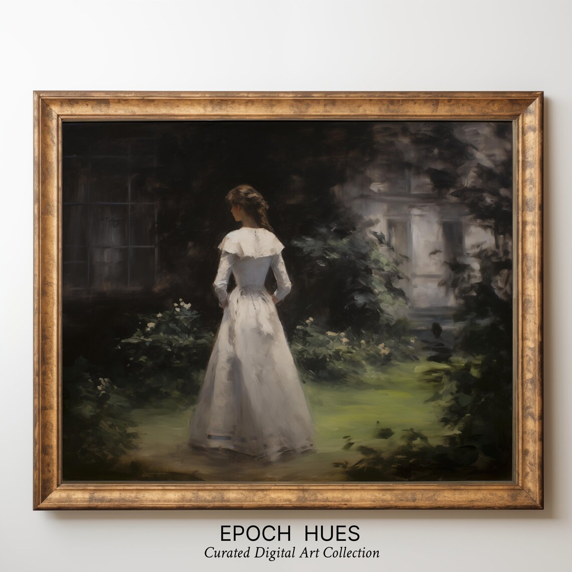 Woman In White Dress Moonlit Garden Dusk Romantic Painting Poster - Image 3
