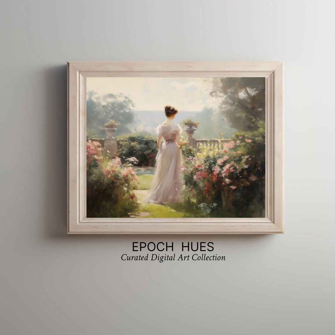 Lady In White Gown Blooming Rose Garden Elegant Painting Poster