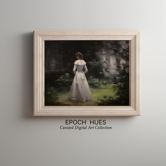 Woman In White Dress Moonlit Garden Dusk Romantic Painting Poster