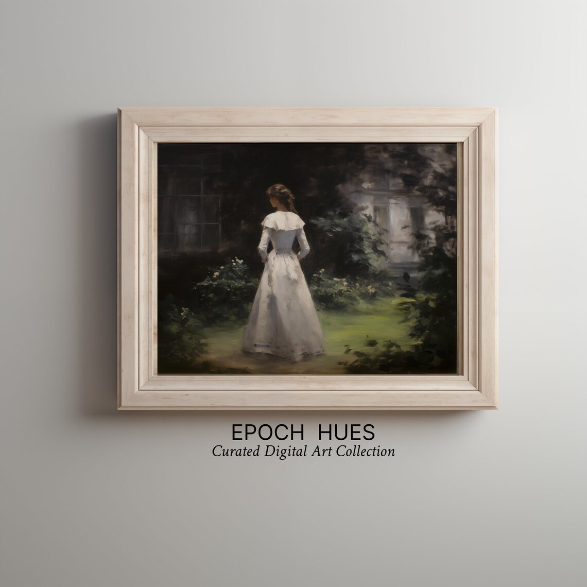 Woman In White Dress Moonlit Garden Dusk Romantic Painting Poster