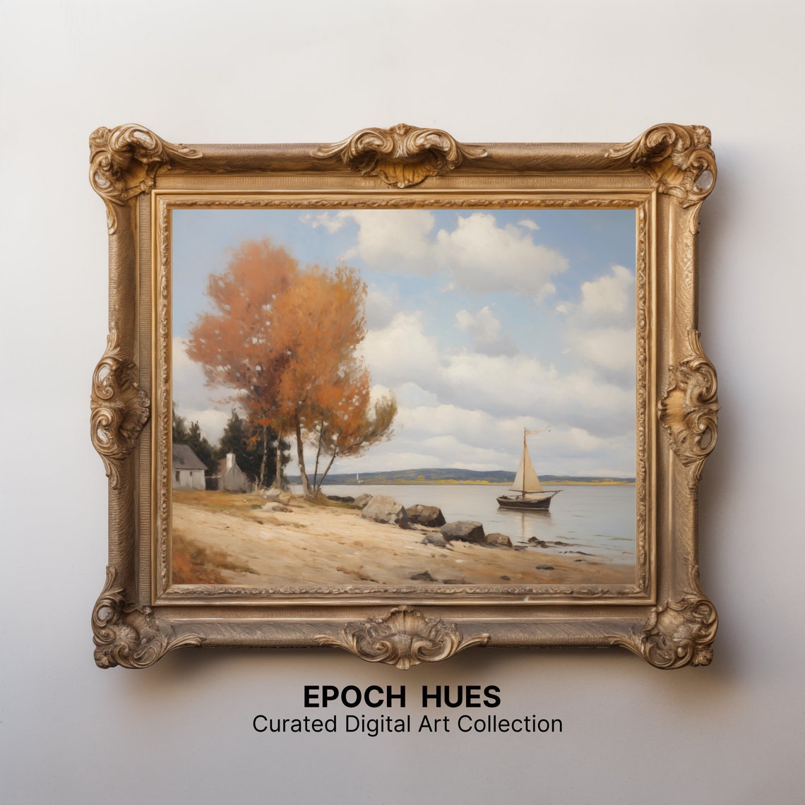 Autumn Beach With Sailboat and Orange Tree Lakeside Painting Poster - Image 2