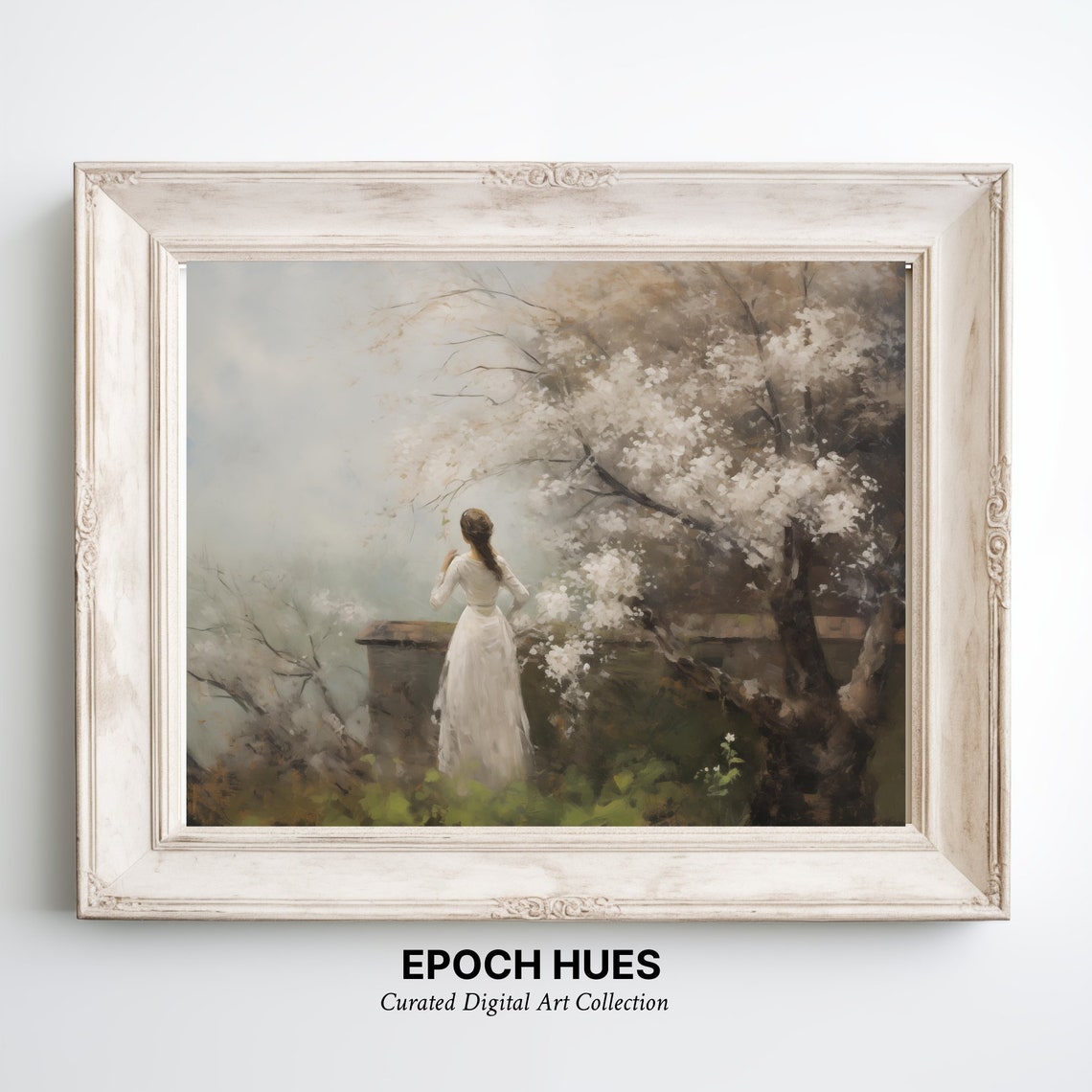 Woman In White Dress Under Blossoming Tree Misty Romantic Wall Art - Image 2