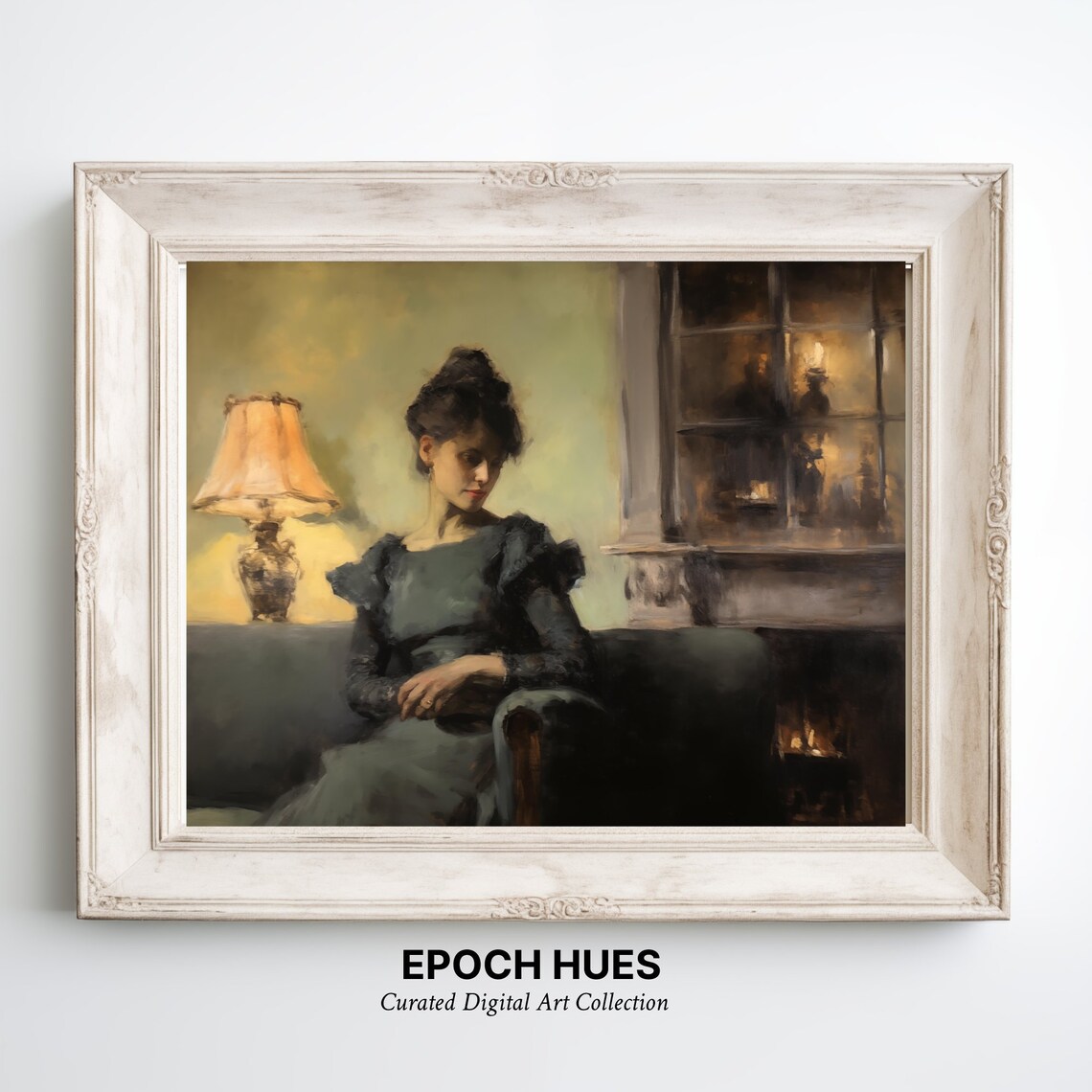 Woman By A Lamplit Fireplace Moody Vintage Interior Art Poster - Image 3