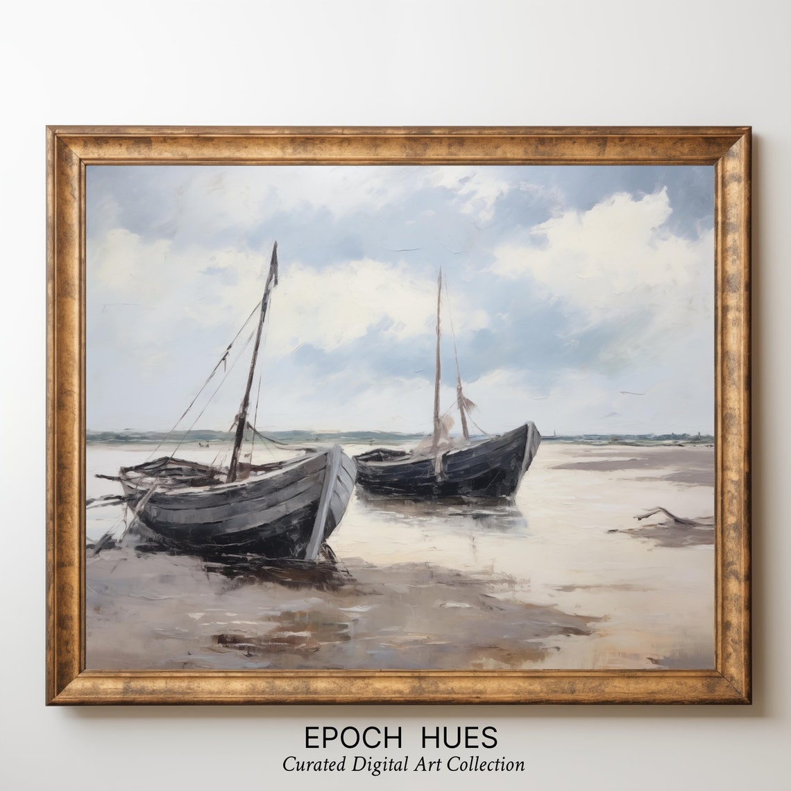 Fishing Boats Low Tide Mudflats Vintage Maritime Painting Wall Art