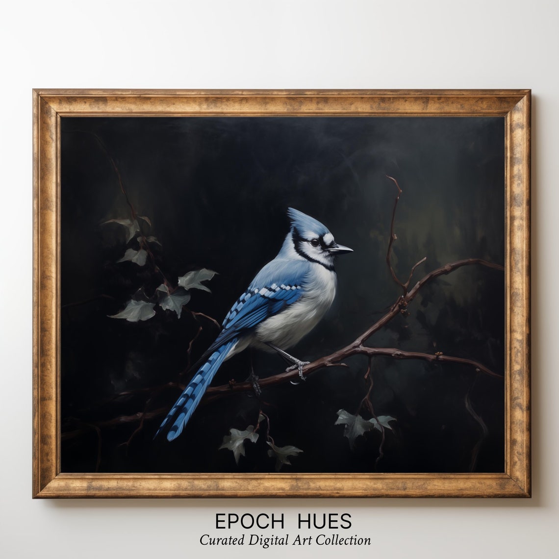 Blue Jay Perched on Branch Against Dark Moody Background Poster - Image 3