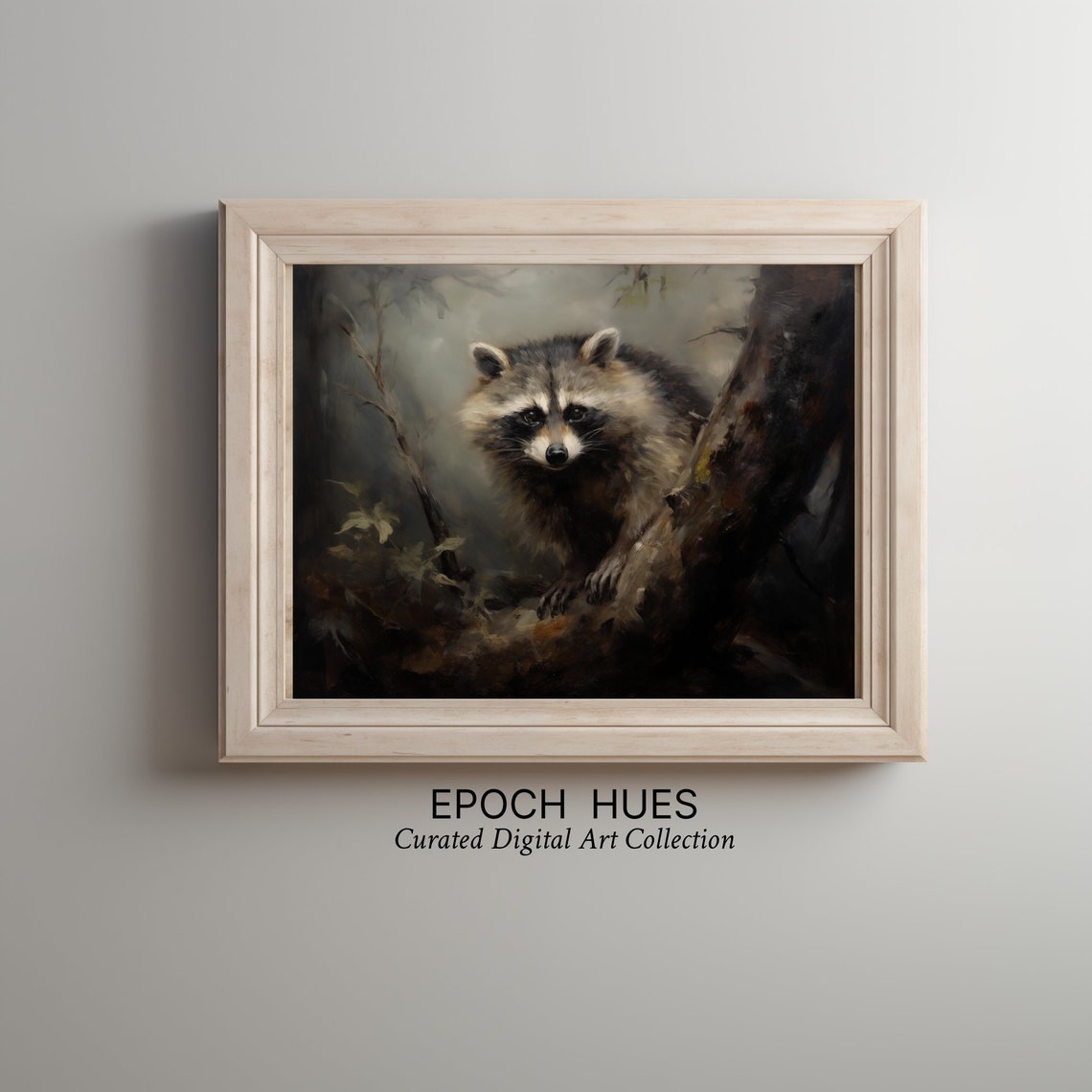Raccoon In Dark Forest Vintage Wildlife Portrait Painting Poster - Image 3