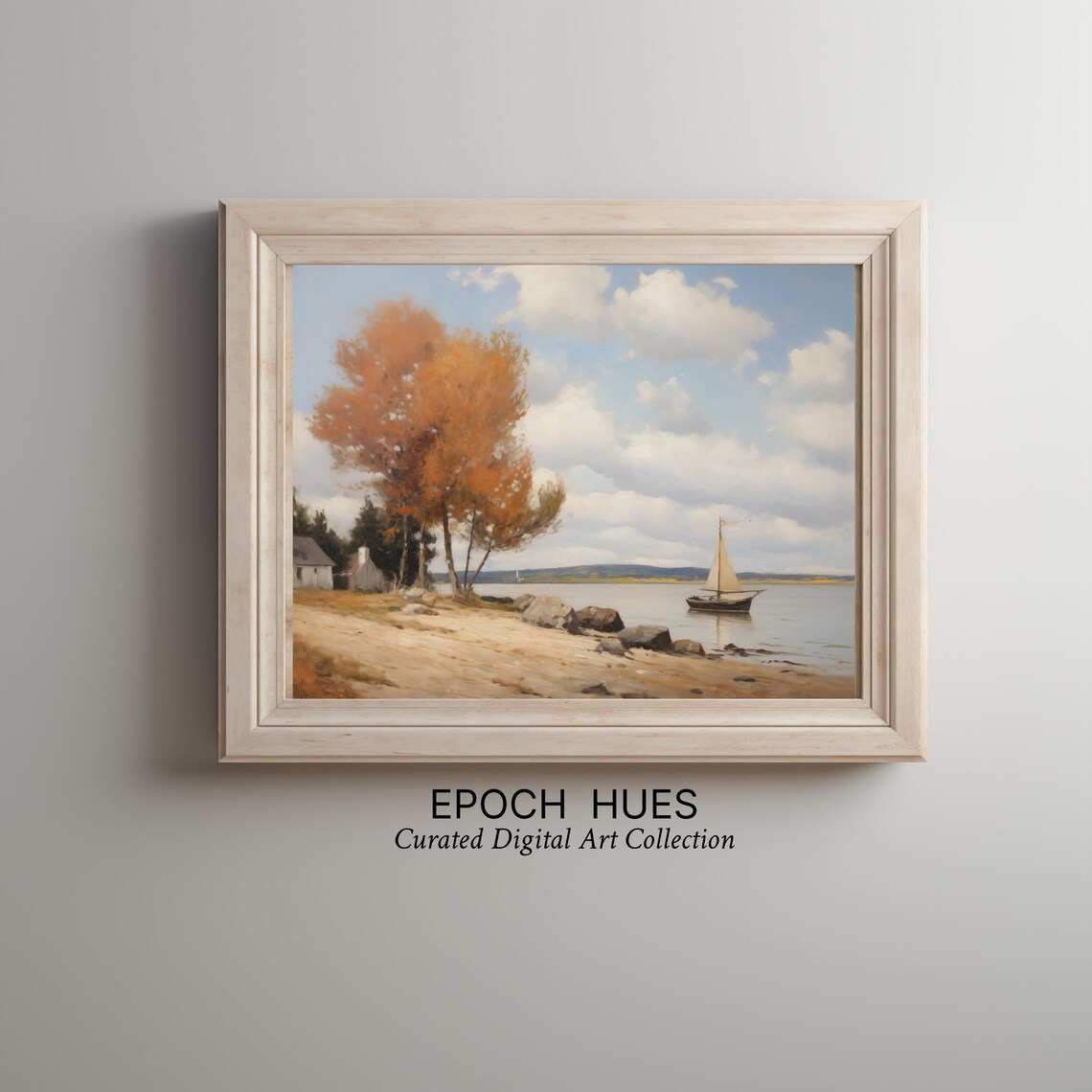 Autumn Beach With Sailboat and Orange Tree Lakeside Painting Poster