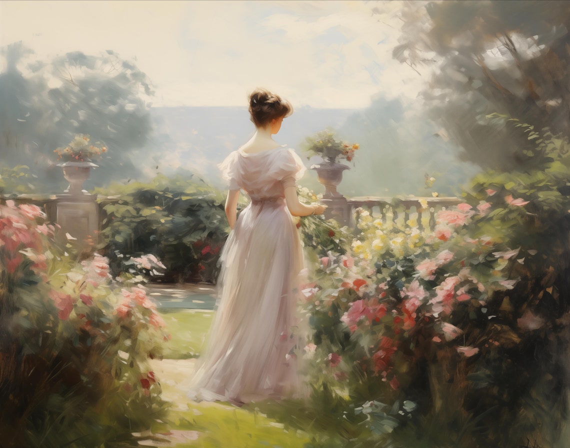 Lady In White Gown Blooming Rose Garden Elegant Painting Poster - Image 2
