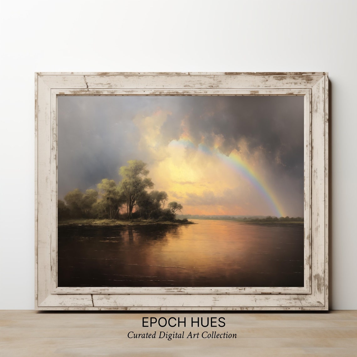 Rainbow Arch Over Quiet River Sunset Landscape Painting Poster - Image 2