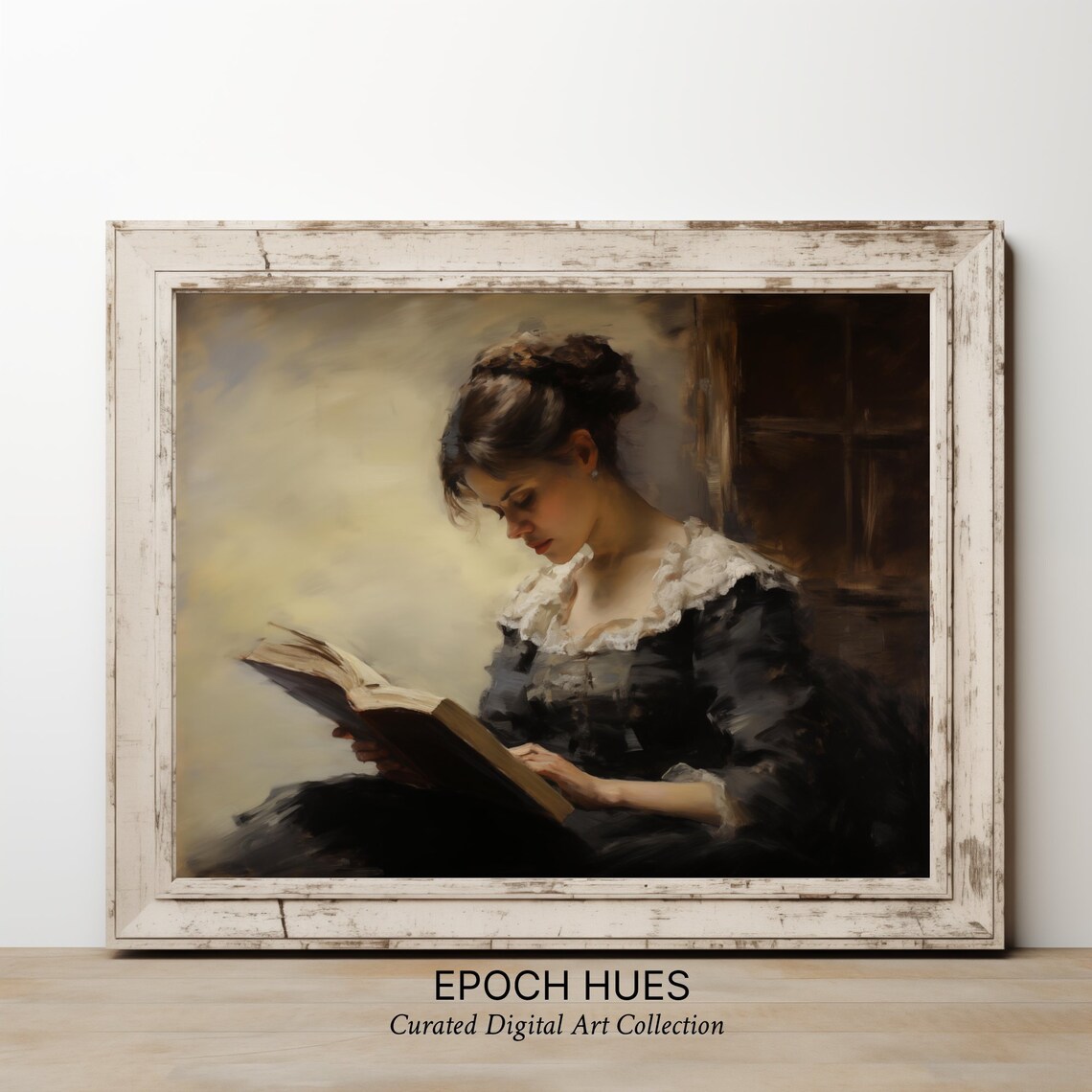 Young Woman Reading by Window White Lace Collar Painting Poster - Image 2