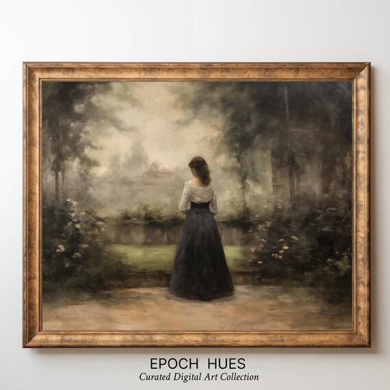 Woman At Misty Garden Pond Dark Skirt Romantic Painting Wall Art