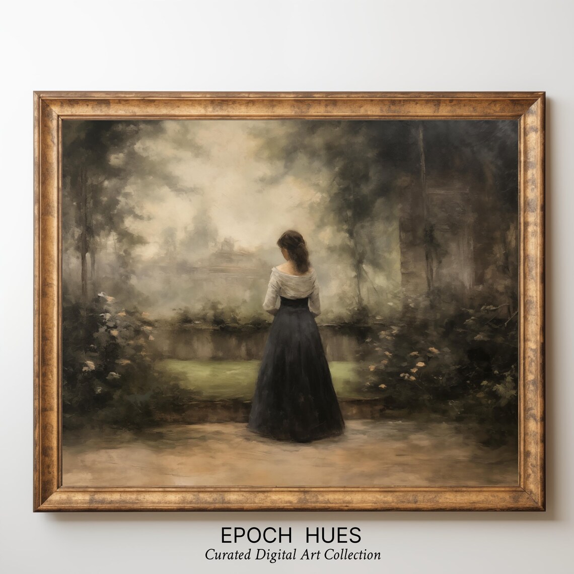 Woman At Misty Garden Pond Dark Skirt Romantic Painting Wall Art