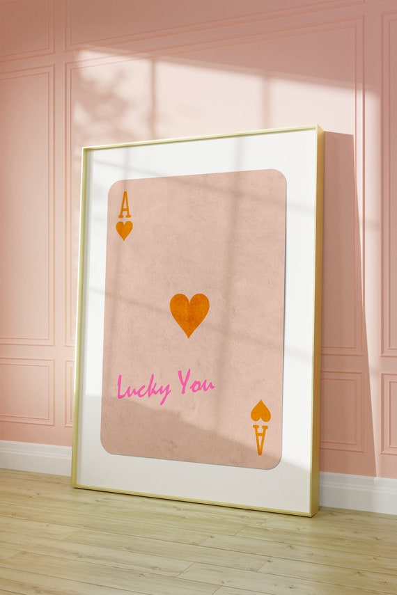 Lucky You Wall Art Retro Ace Of Hearts Print Orange Pink Playing Card Poster Preppy Ace Card Artwork Funky Bar Cart Decor Trendy Gift