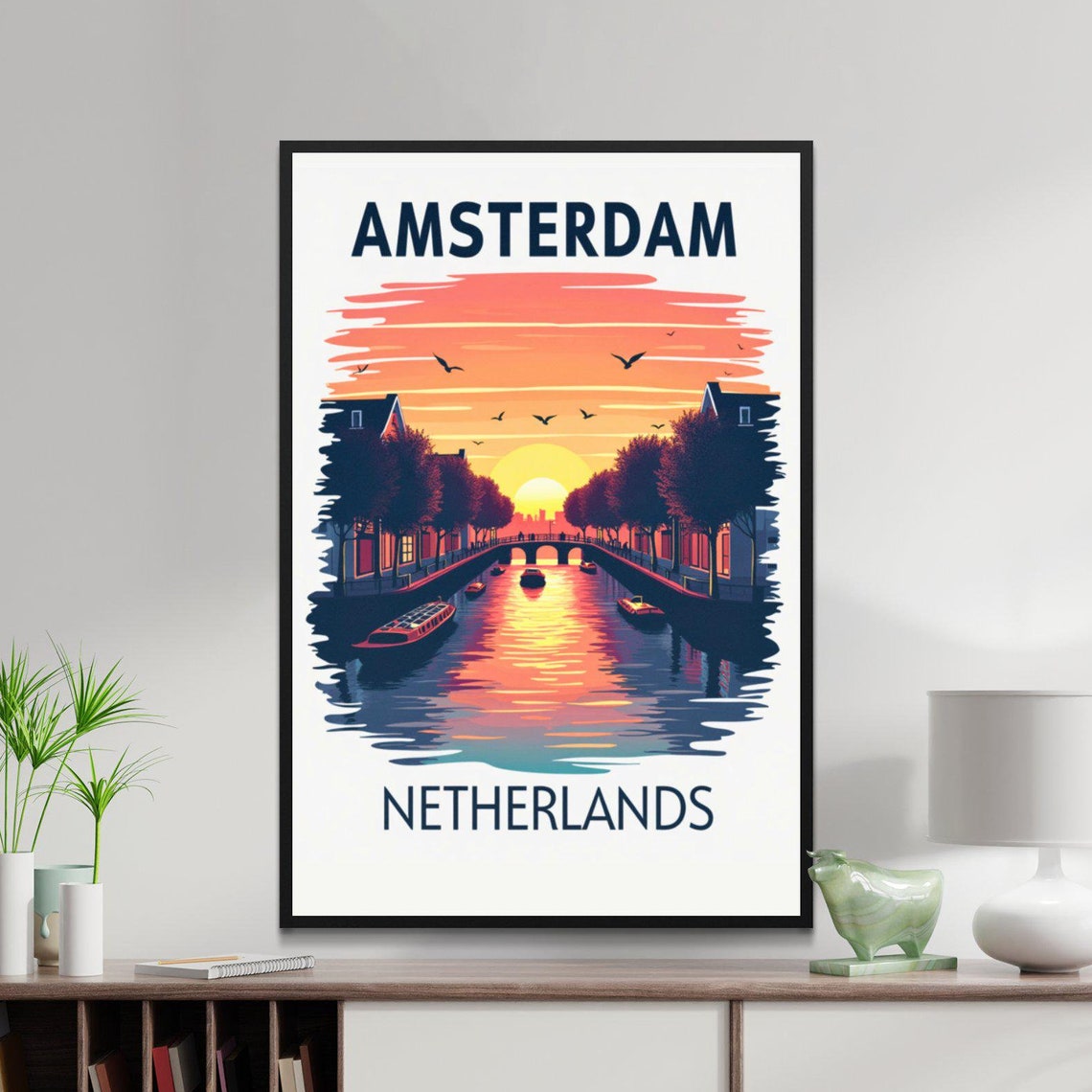 Amsterdam Netherlands Canal Sunset Boats Bridge Travel Poster