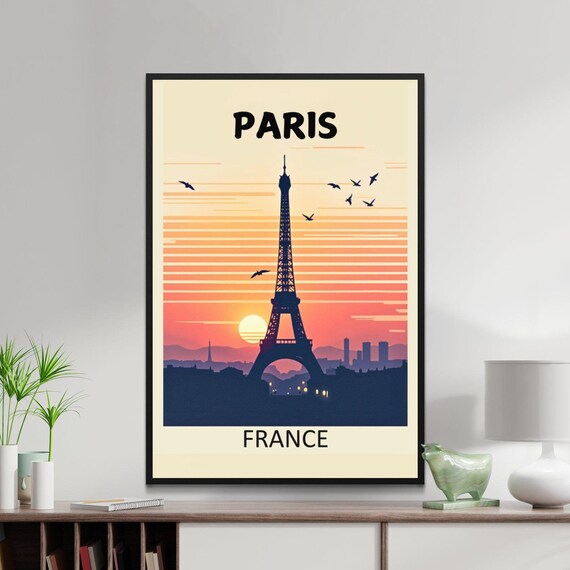 Paris France Eiffel Tower Sunset Silhouette Birds Travel Poster