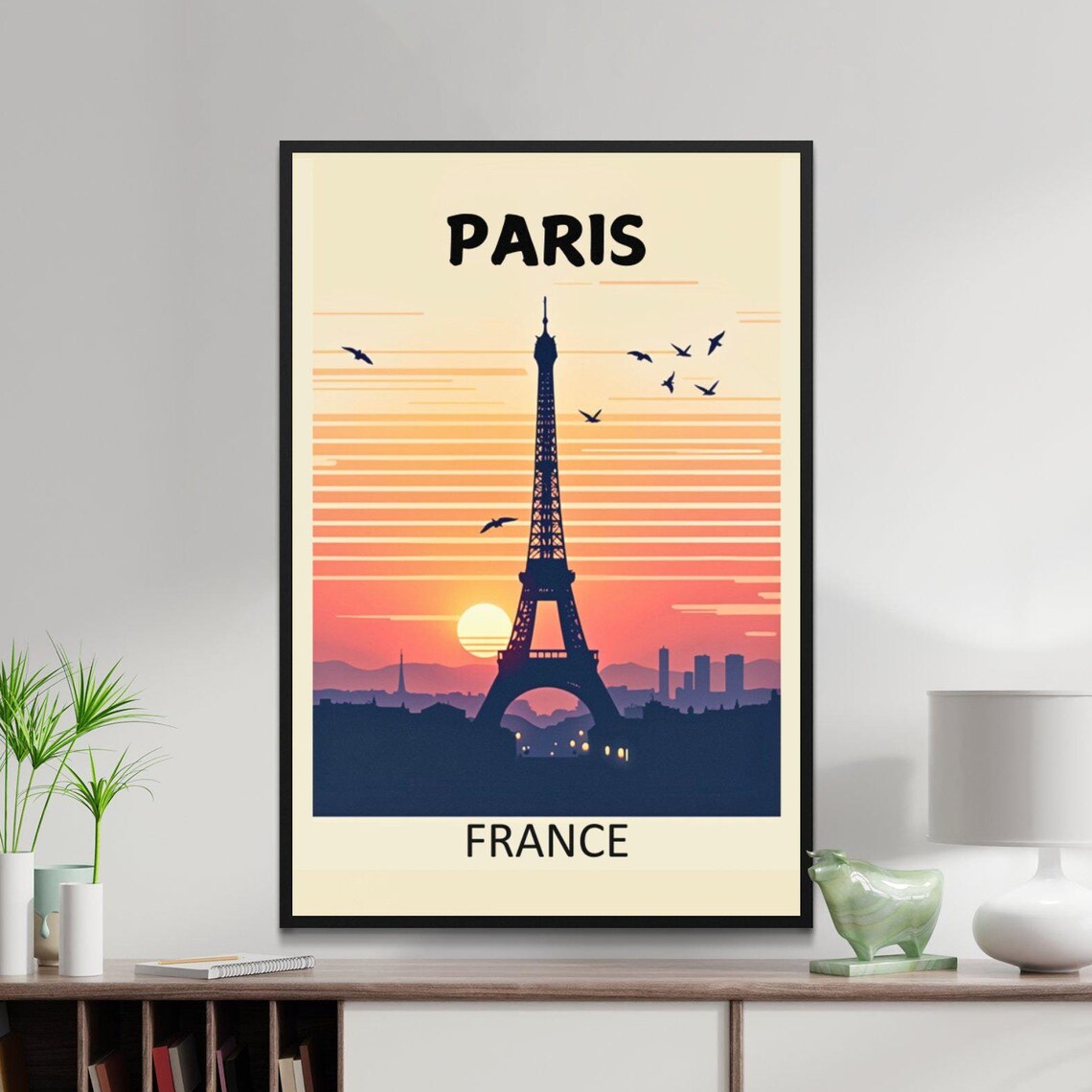 Paris France Eiffel Tower Sunset Silhouette Birds Travel Poster