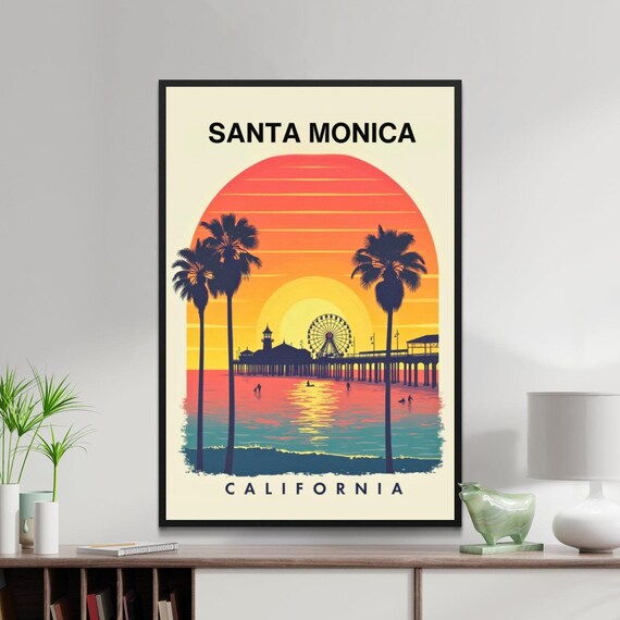 Santa Monica California Sunset Pier Ferris Wheel Palm Tree Vintage Poster